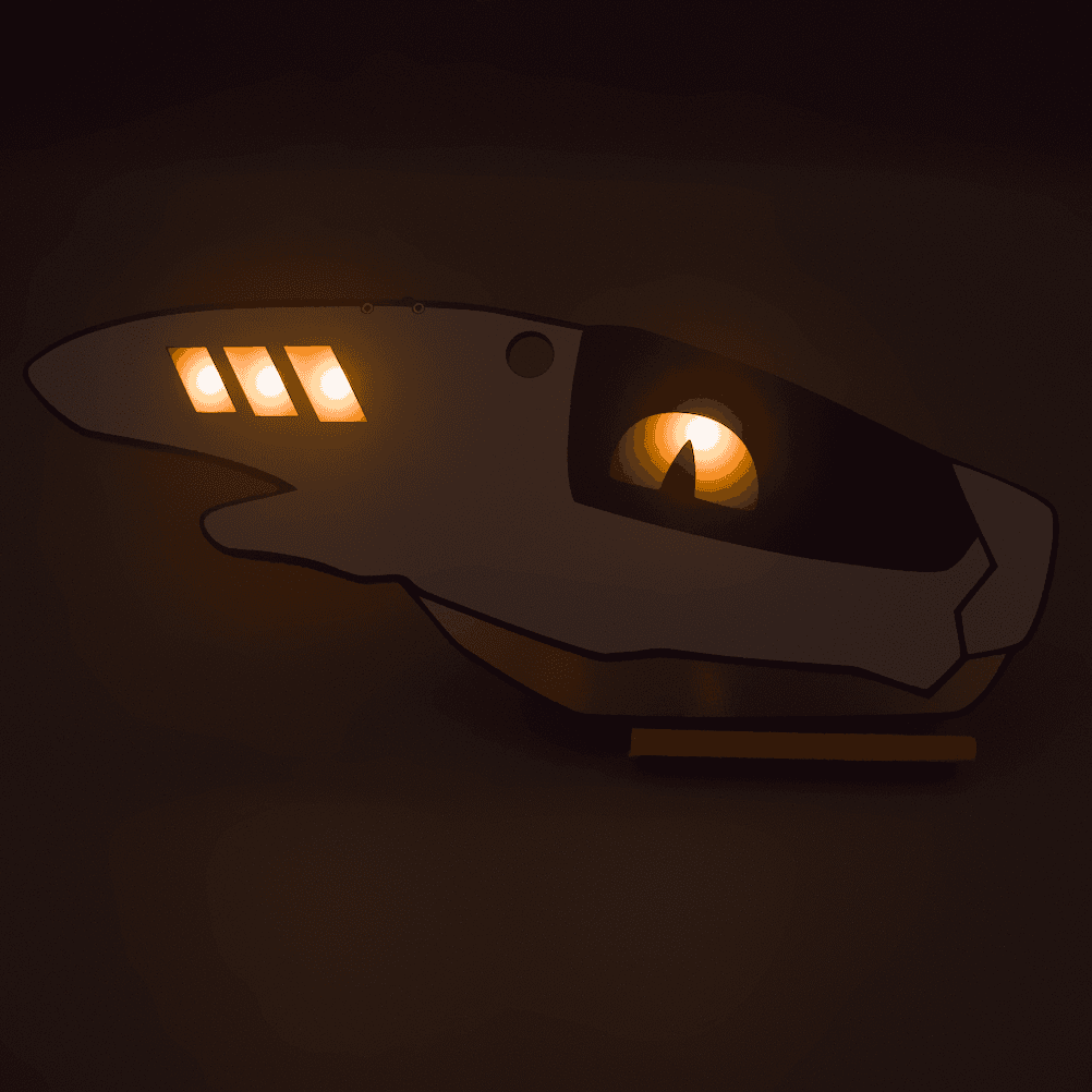 Dark photo of a PCB badge in the shape of a furry synth's head. The eye and three lights on the horn light up yellow and are brightly illuminated. They have a white shell, a black visor, and a shiny copper jaw.