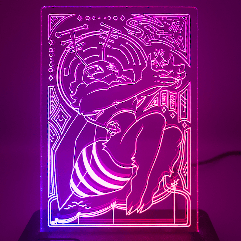 A clear acrylic standee, illuminated with a gradient of pin and purple light featuring an illustration of one of the Lepi Labs Mascots, Deedee, holding a glowing star in her hand. Electrical poles and a flock of birds are featured in the lower half of the illustration. There are circuitry like markings around the border of the illustration. Art made by makanioverlord