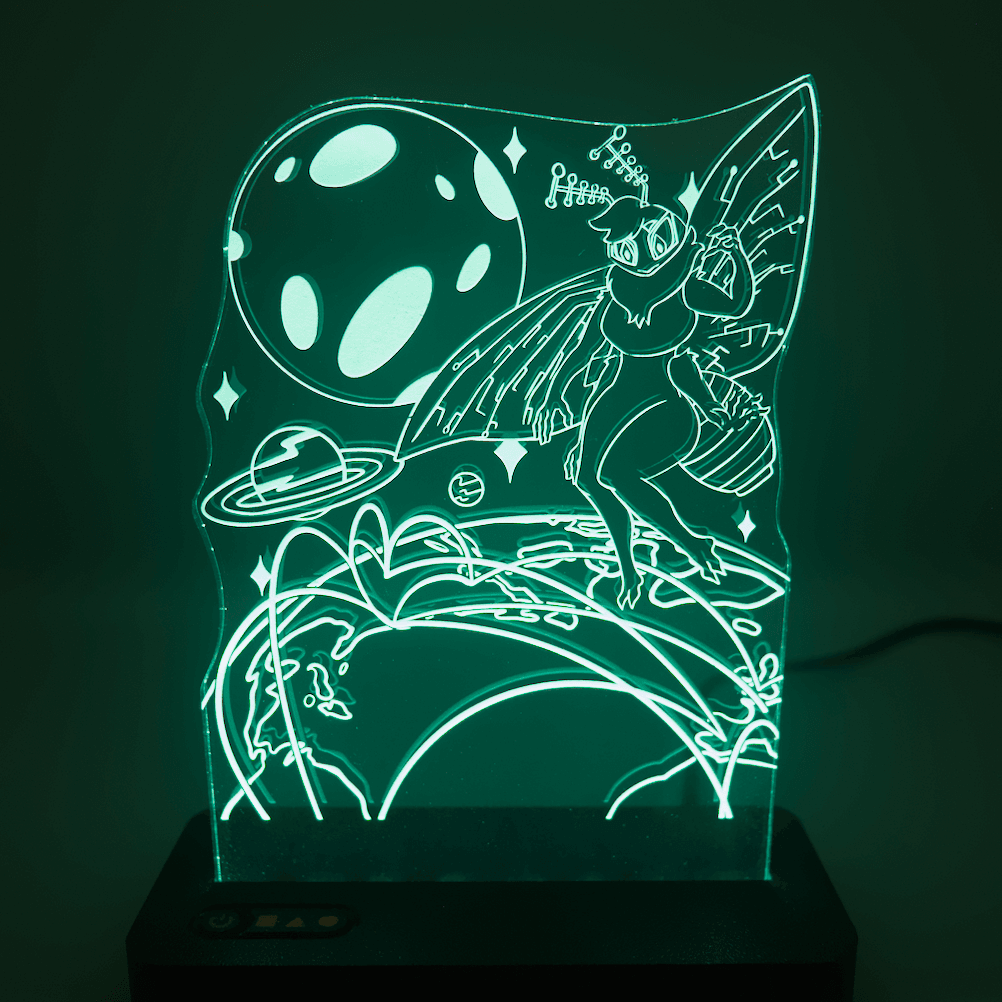 A clear acrylic standee, illuminated with a seafoam green light featuring an illustration of one of the Lepi Labs Mascots, Ace, looking over the globe, parts of Eastern America and Western Europe are visible. The world has visible arcs connecting the locations of the biggest real world servers. In the background are various stars, the moon and Saturn. Art made by raivesper