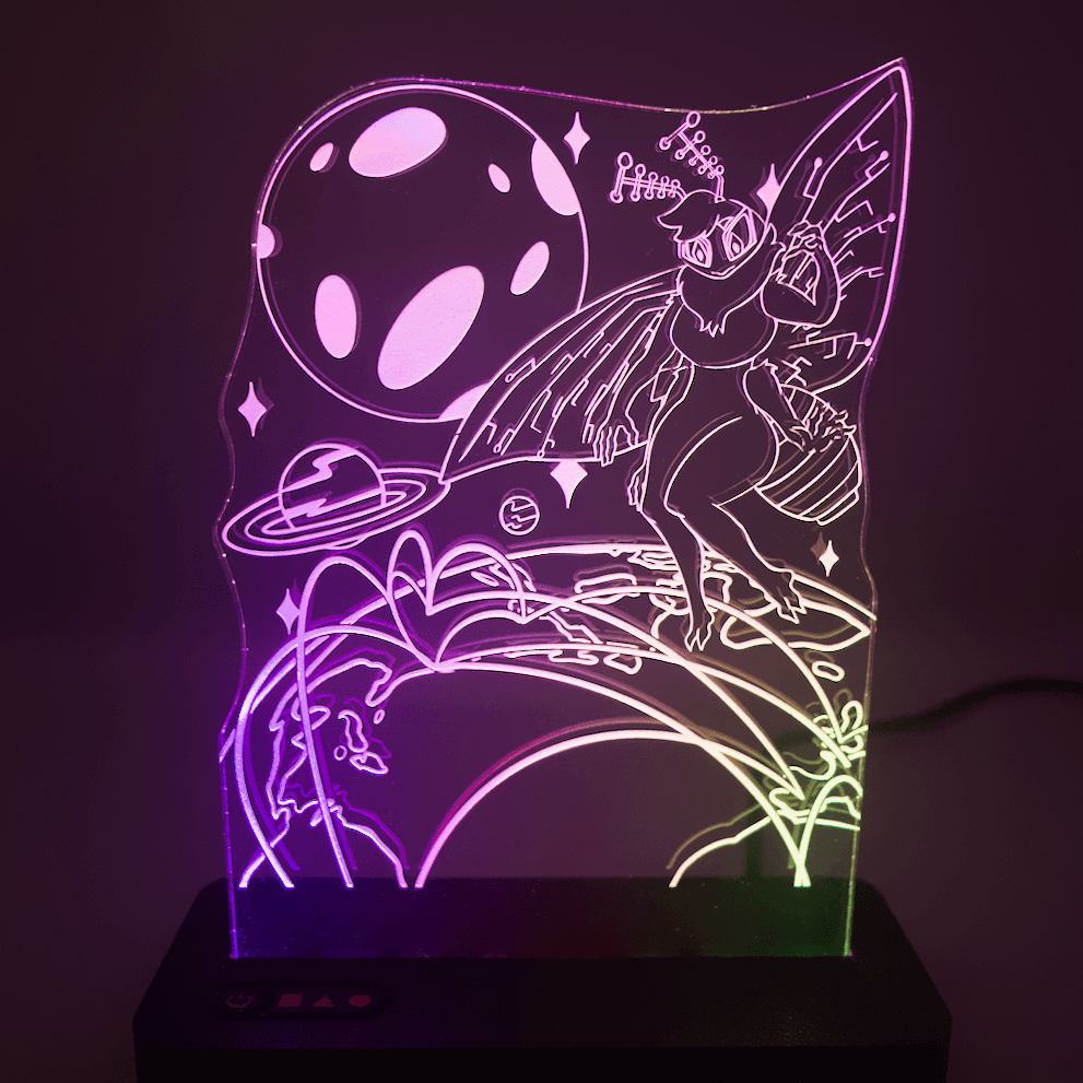 A clear acrylic standee, illuminated with a gradient of green to purple light featuring an illustration of one of the Lepi Labs Mascots, Ace, looking over the globe, parts of Eastern America and Western Europe are visible. The world has visible arcs connecting the locations of the biggest real world servers. In the background are various stars, the moon and Saturn. Art made by raivesper
