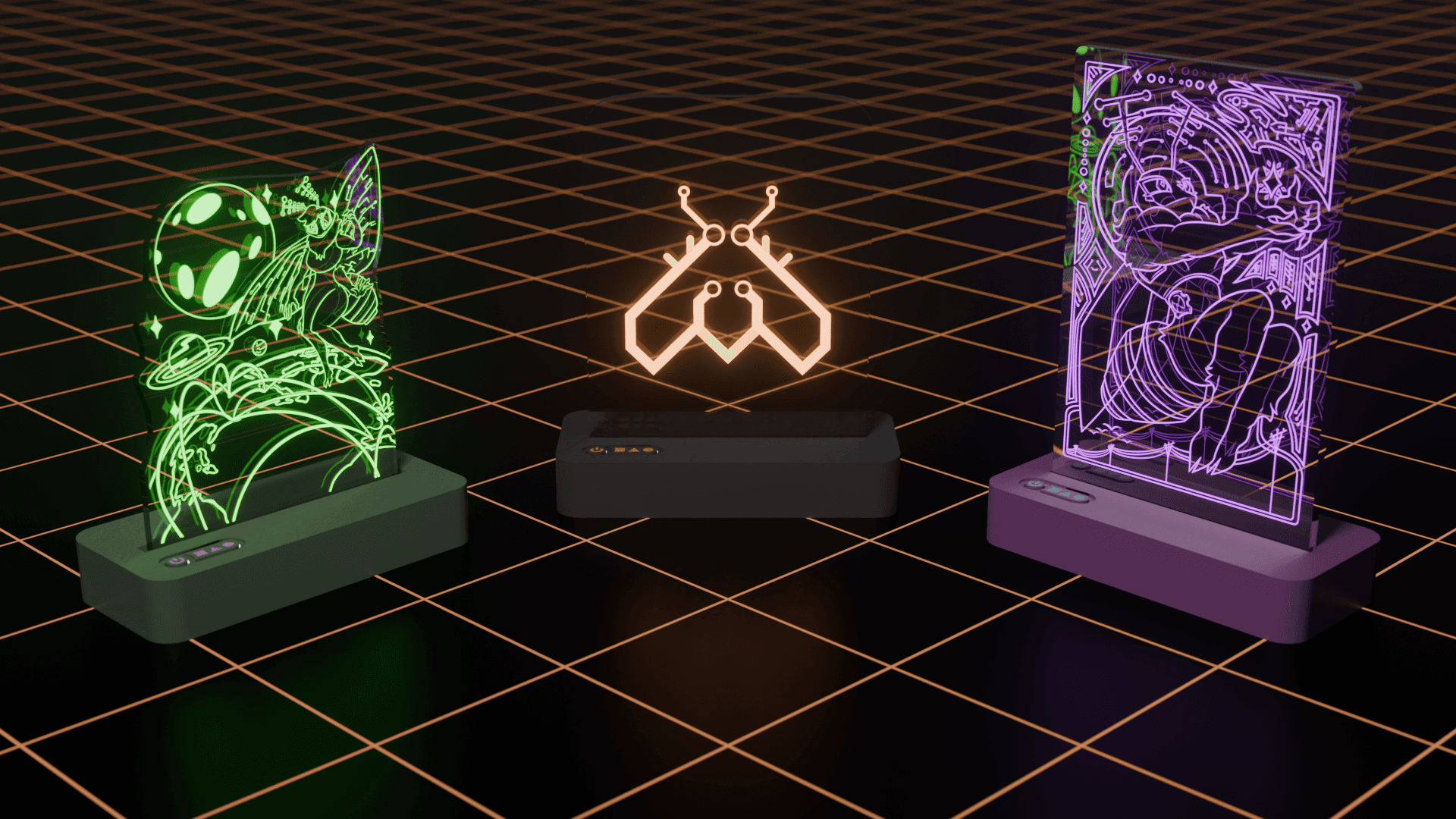 3D render of acrylic lights. On the left is a green one of a moth flying above the Earth. In the middle is an orange one of the lepi labs moth logo. On the right is a pink one with a moth holding and looking fondly at a light.