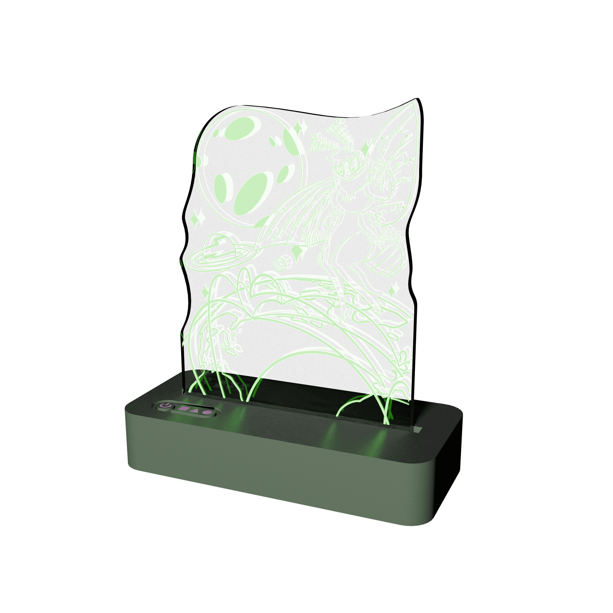 A 3D render of a clear acrylic standee, featuring an illustration of one of the Lepi Labs Mascots, Ace, looking over the globe, parts of Eastern America and Western Europe are visible. The world has visible arcs connecting the locations of the biggest real world servers. In the background are various stars, the moon and Saturn. Art made by raivesper