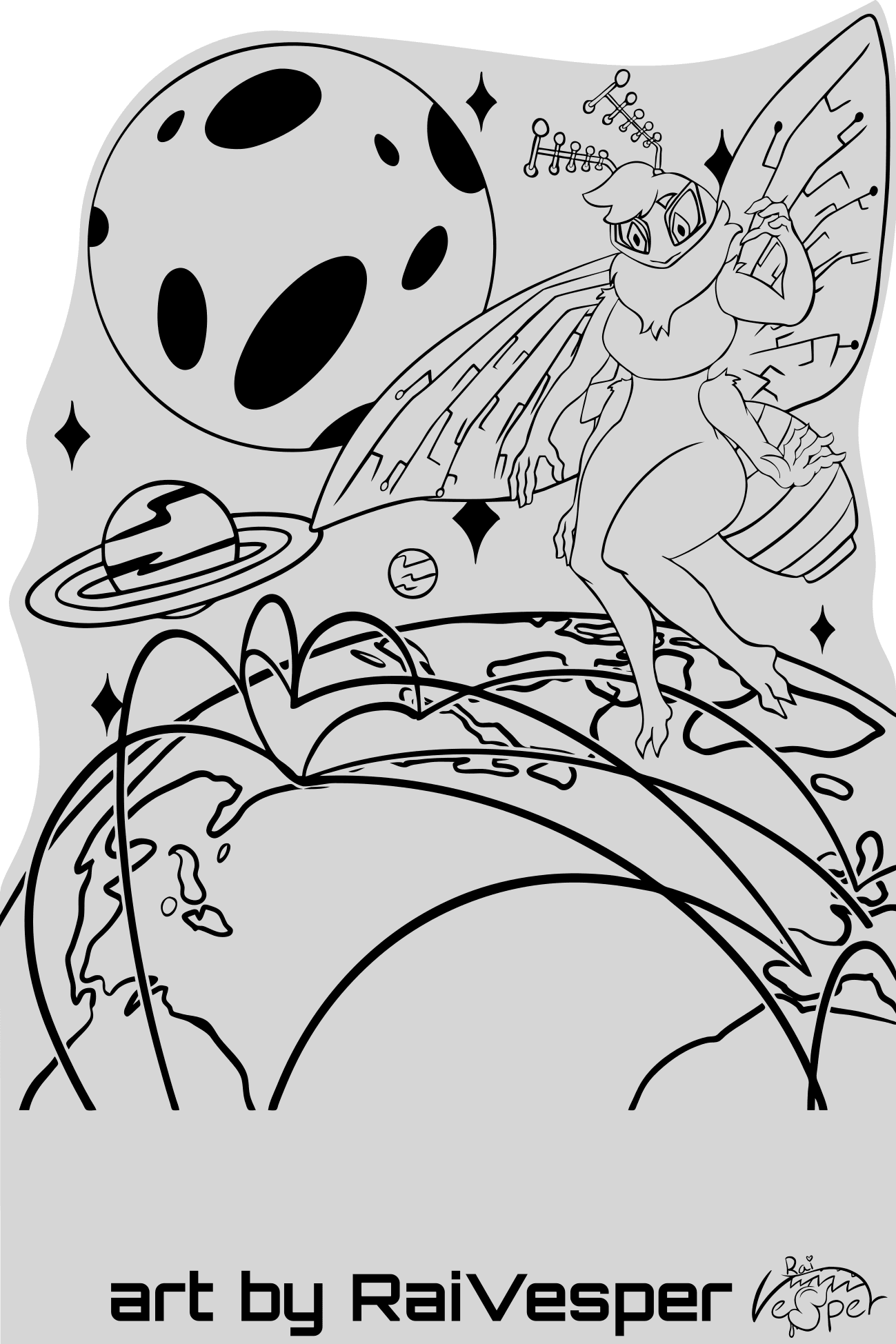 An illustration of one of the Lepi Labs Mascots, Ace, looking over the globe, parts of Eastern America and Western Europe are visible. The world has visible arcs connecting the locations of the biggest real world servers. In the background are various stars, the moon and Saturn. Art made by raivesper