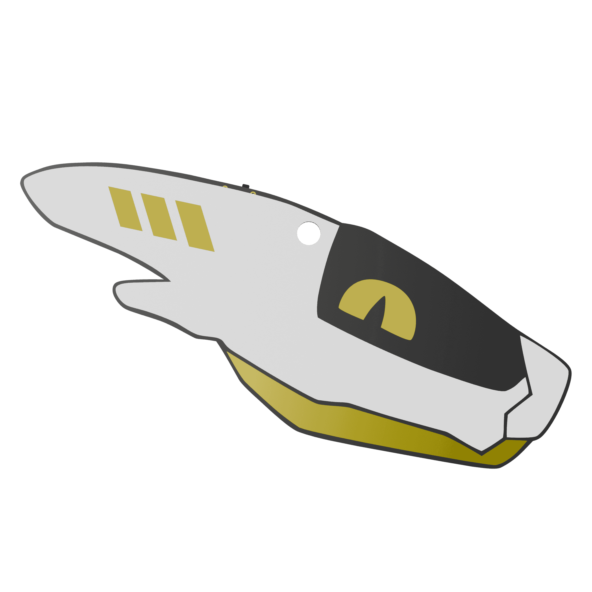 PCB badge in the shape of a furry synth's head. The eye and three lights on the horn light up yellow. They have a white shell, a black visor, and a shiny copper jaw.