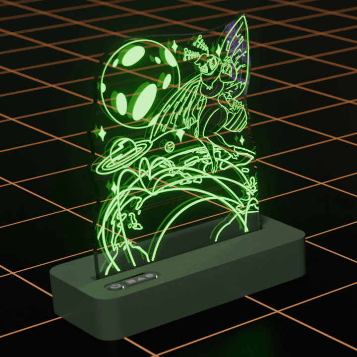 A 3D render of an acrylic standee, illuminated with a green light featuring an illustration of one of the Lepi Labs Mascots, Ace, looking over the globe, parts of Eastern America and Western Europe are visible. The world has visible arcs connecting the locations of the biggest real world servers. In the background are various stars, the moon and Saturn. Art made by raivesper