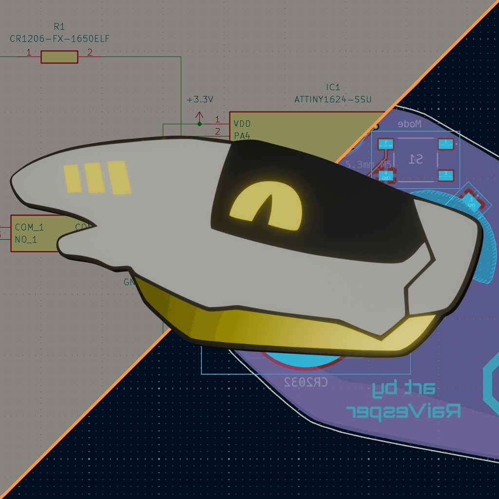 PCB badge in the shape of a furry synth's head. The eye and three lights on the horn light up yellow. They have a white shell, a black visor, and a shiny copper jaw.